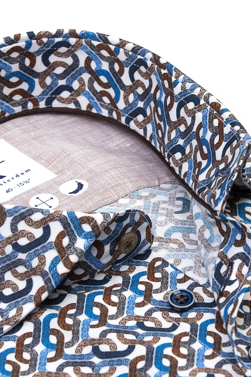 Direct From Brand,R2 Amsterdam, R2 Amsterdam Blue/Brown Chain Print Short Sleeve Button Up Shirt, Blue, Medium-43-Tag40Large-45-Tag41