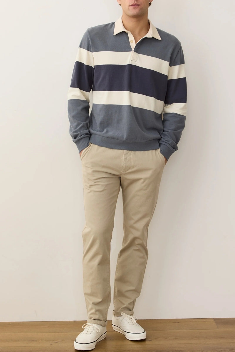 Wholesale,Marine Layer, Marine Layer Blue with Cream Colorblock Suede Rugby Polo, Blue, Small-42-TagSMedium-44-TagMLarge-47-TagLExtra Large-50-TagXL