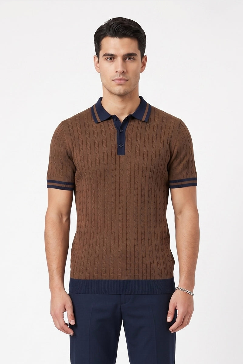 Wholesale,Mizumi, Mizumi Brown with Navy Contrast Cable Knit Polo, Brown, Small-40-TagSMedium-42-TagMLarge-44-TagLExtra Large-46-TagXLExtra Large-47-TagXXL
