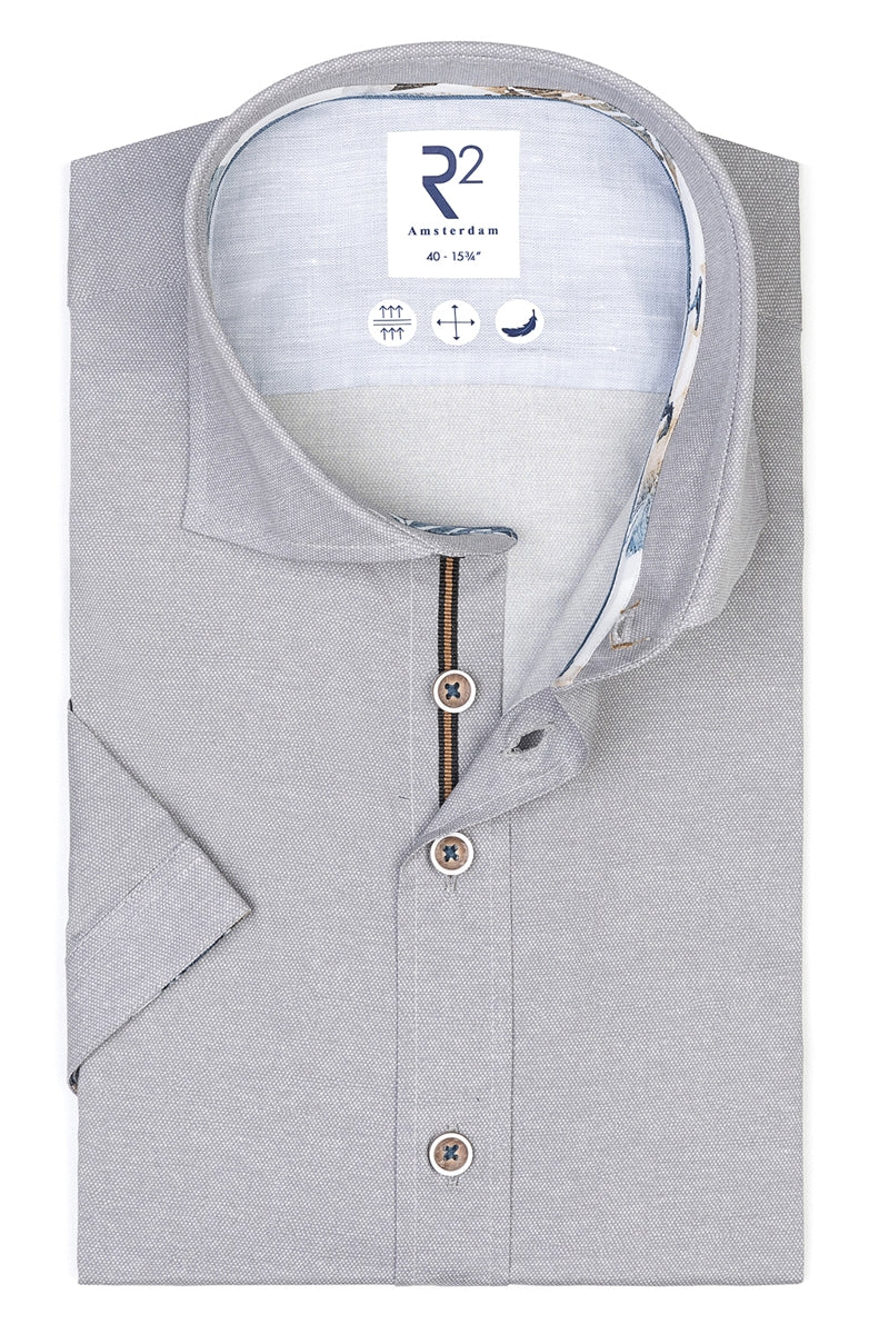 Direct From Brand,R2 Amsterdam, R2 Amsterdam Grey Stretch Short Sleeve Button Up Shirt, Grey, Medium-42-Tag40