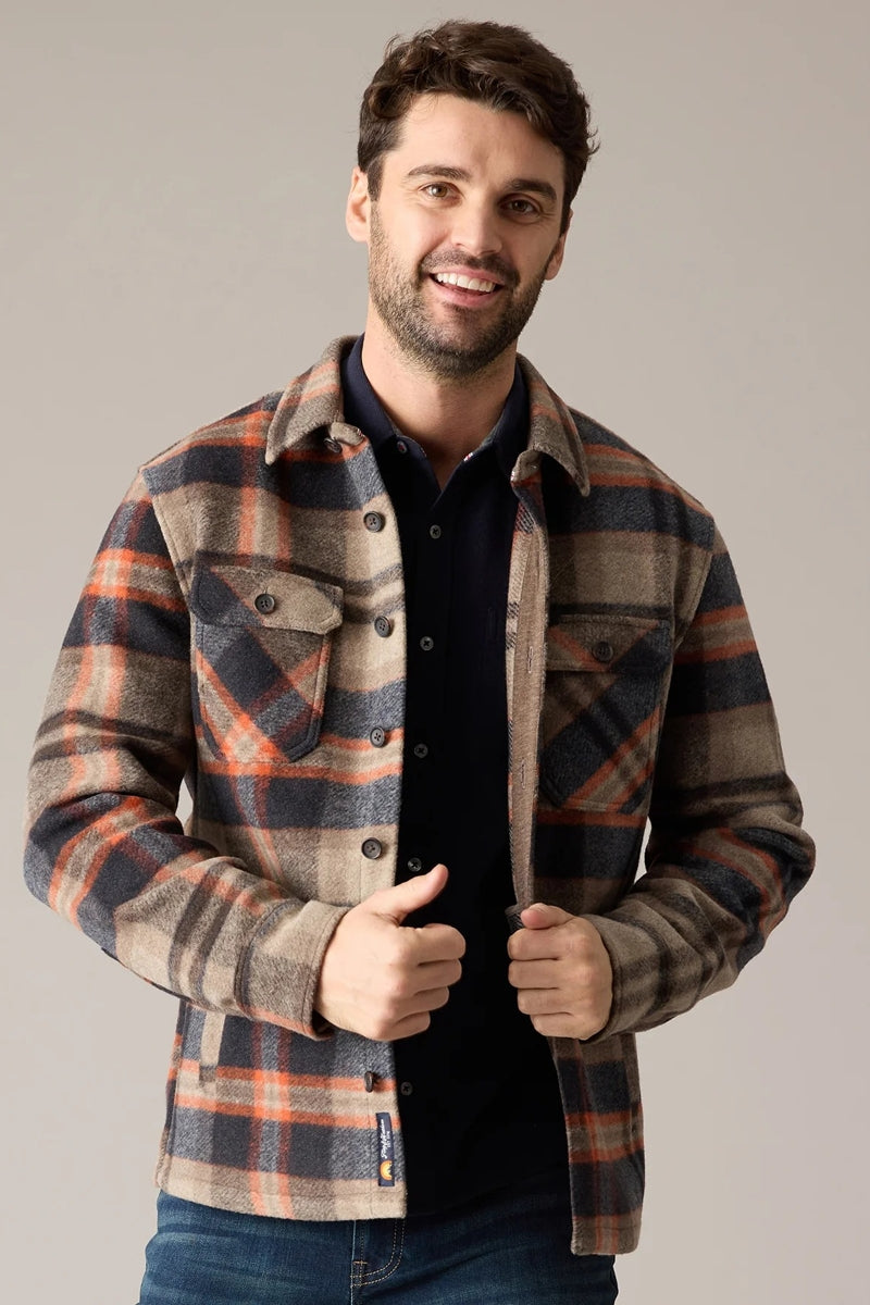 Wholesale,Flag & Anthem, Flag & Anthem Oatmeal/Navy Brushed Plaid Shacket, Tan, Small-42-TagSMedium-46-TagMLarge-50-TagLExtra Extra Large-54-TagXLExtra Extra Large-58-TagXXL