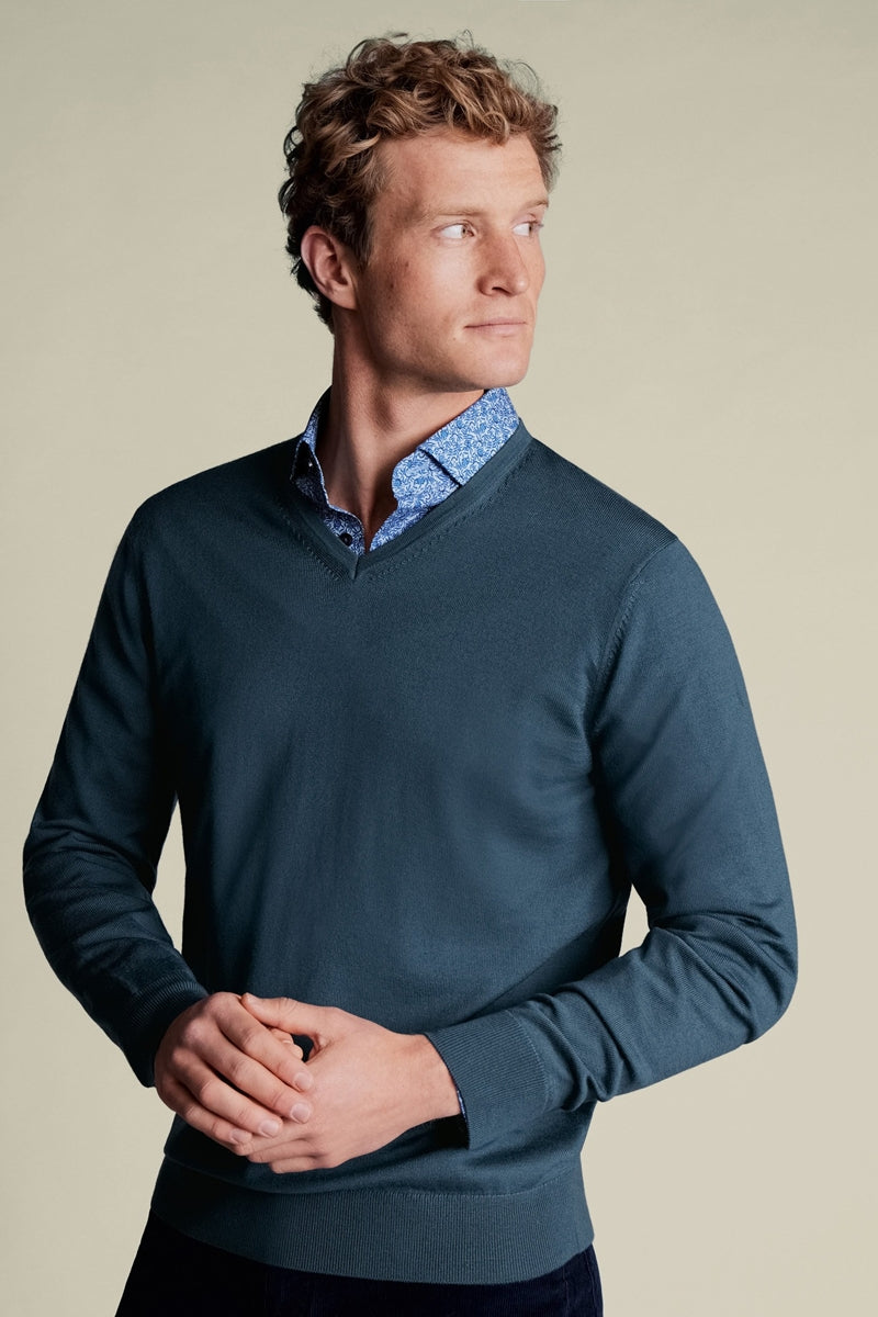 Wholesale,Charles Tyrwhitt, Charles Tyrwhitt Petrol Blue Merino Wool V-Neck Sweater, Blue, Small-39-TagS
