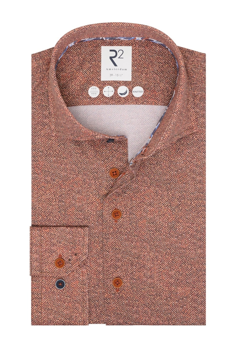 Direct From Brand,R2 Amsterdam, R2 Amsterdam Orange Printed Knitted Shirt, Orange, Medium-42-Tag39Large-45-Tag41