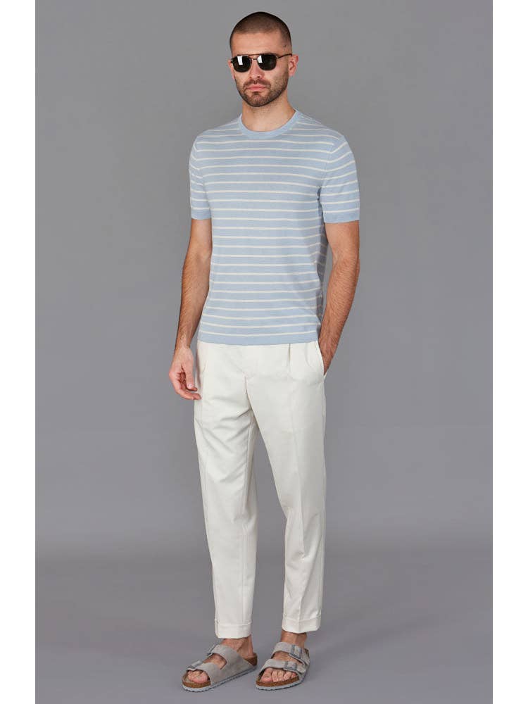 Faire,Paul James, Paul James Light Blue Knit Cotton Wider Stripe T-Shirt, Blue, Large-43-TagL