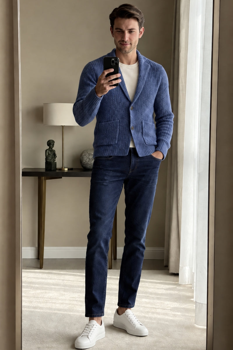 Wholesale,Luchiano Visconti, Luchiano Visconti Indigo Ribbed Sweater Cardigan, Blue, Small-42-TagSMedium-44-TagMLarge-46-TagL