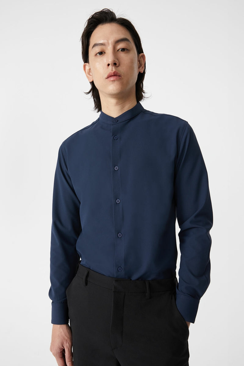 Direct From Brand,FYNE, FYNE Navy Four-way Stretch Stand Collar Long Sleeve Shirt, Blue, Small-40-TagM