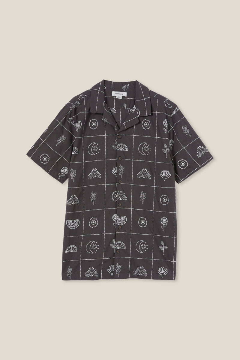 Cotton On Black Grid Embroidered Short Sleeve Shirt