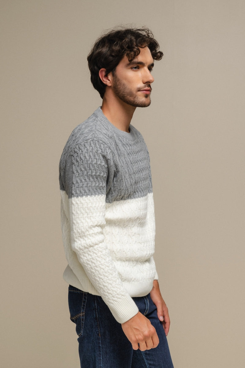 Faire,SMF, SMF Grey/White Colorblock Jacquard Knit Sweater, Grey, Large-44-TagL