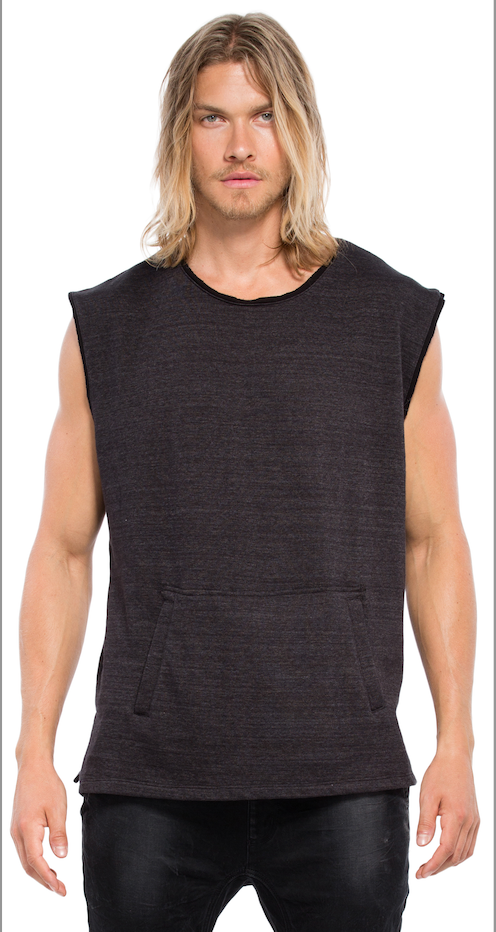 Wholesale,Reese De Luca, Reese De Luca Black French Terry Sleeveless Kangaroo Pocket T-Shirt, Black, Large-46-TagM