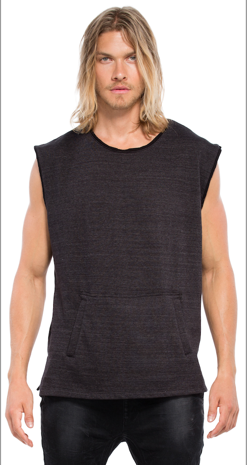 Reese De Luca Black French Terry Sleeveless Top with Kangaroo Pocket