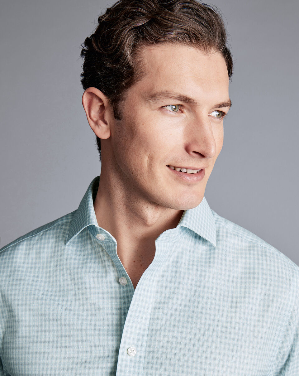 Wholesale,Charles Tyrwhitt, Charles Tyrwhitt Pale Teal Green Double Check Spread Collar Non-Iron Classic Fit Shirt, Green, Extra Extra Large-54-Tag44