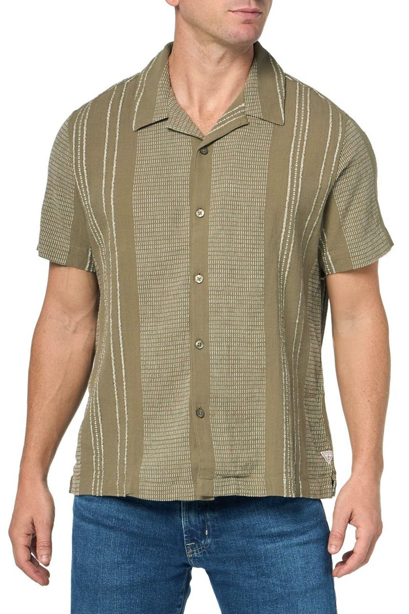 Guess Green Textured Stripped Dobby Short Sleeve Shirt