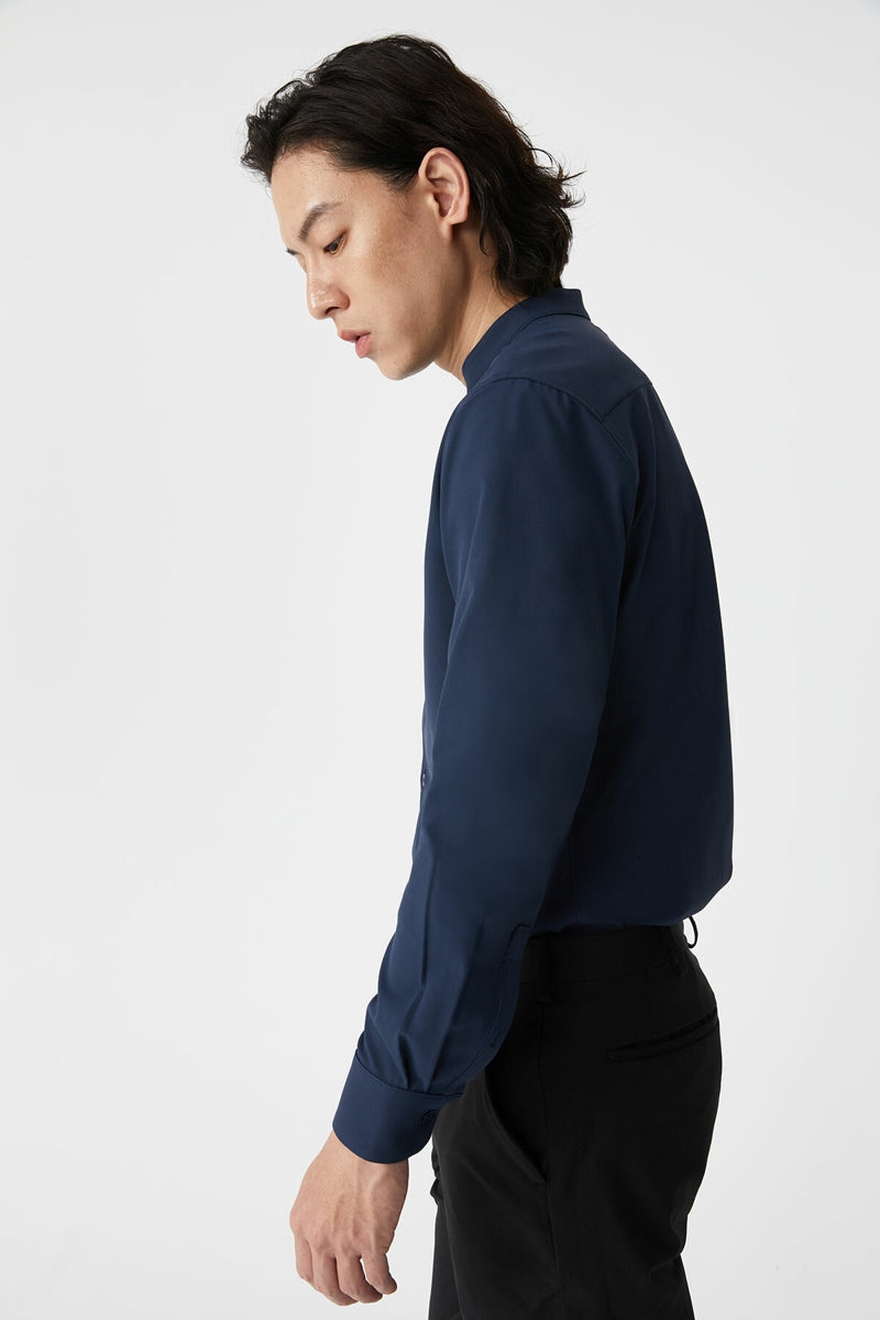 Direct From Brand,FYNE, FYNE Navy Four-way Stretch Stand Collar Long Sleeve Shirt, Blue, Small-40-TagM