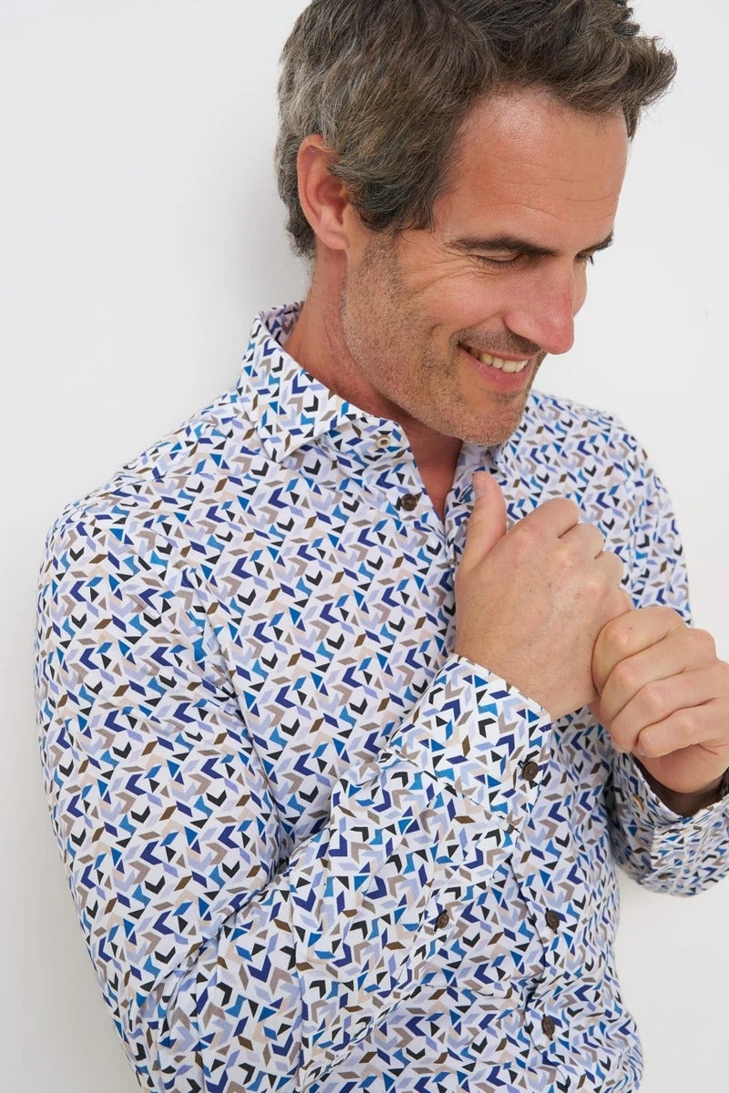 Direct From Brand,R2 Amsterdam, R2 Amsterdam Blue/White Multi Geo Pattern Knit Shirt, Blue, Small-40-Tag38Medium-42-Tag40Large-44-Tag41Extra Large-48-Tag43Extra Extra Large-50-Tag44Extra Extra Large-52-Tag45