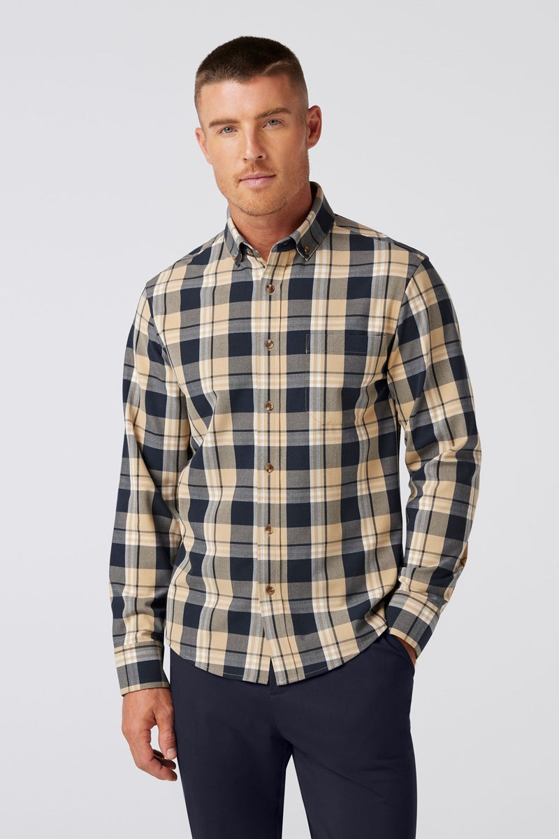 Wholesale,Mizzen + Main, Mizzen + Main Khaki/Navy Plaid Trim Flannel Shirt, Tan, Medium-42-TagMLarge-46-TagLExtra Large-48-TagXL