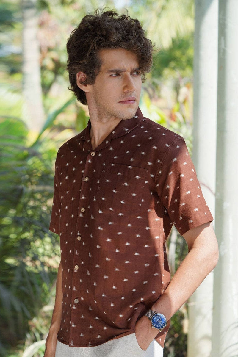 Pali Brown Wood Chips Cuban Collar Handwoven Ikat Shirt