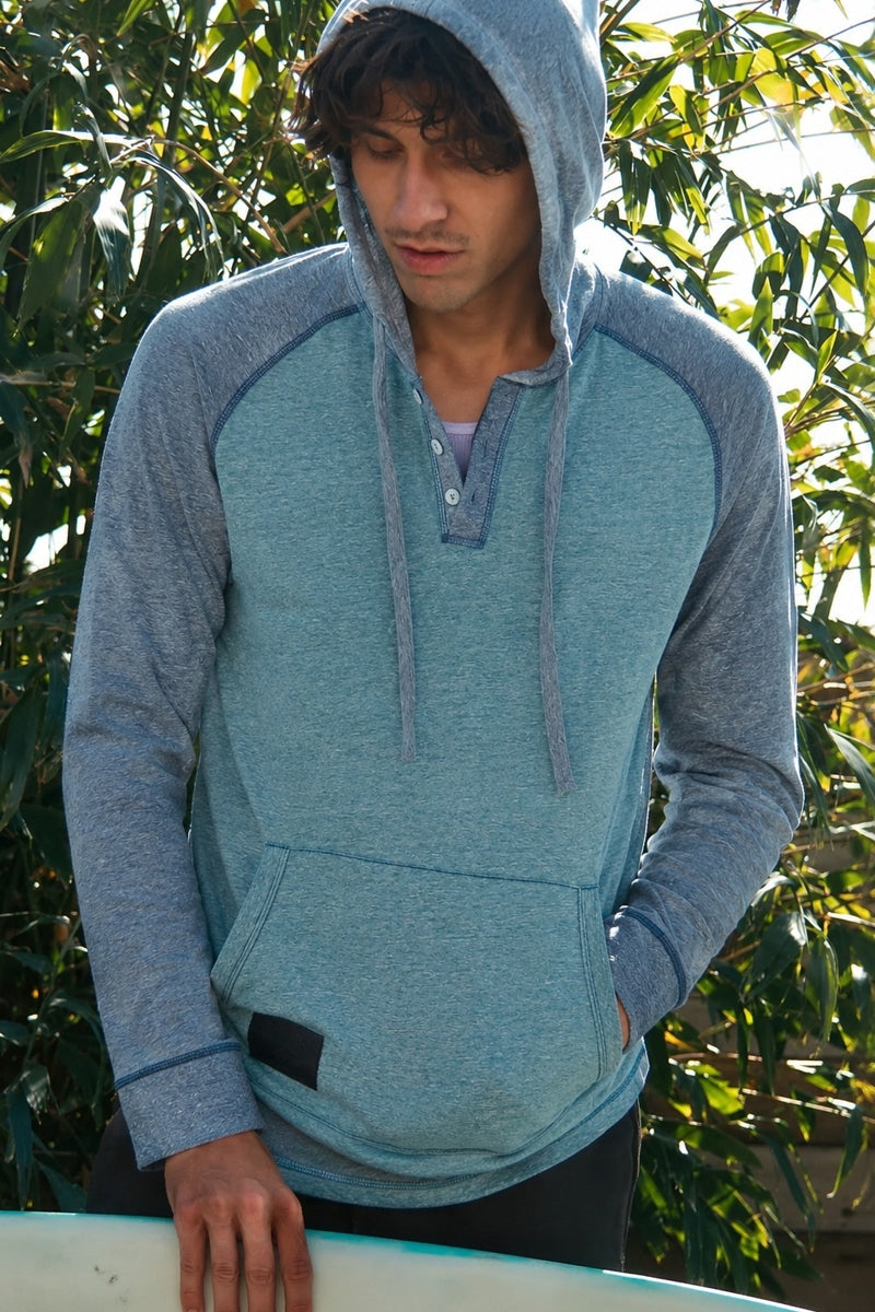 Faire,Zimego, Zimego Pastel Green/Grey Heathered Raglan Henley Hoodie, Green, Medium-41-TagM