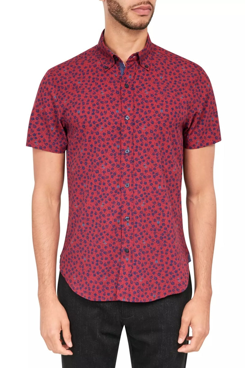 Faire,Con.Struct, CON.STRUCT Red Micro Floral Short Sleeve Shirt, Red, Extra Extra Large-51-TagXXL