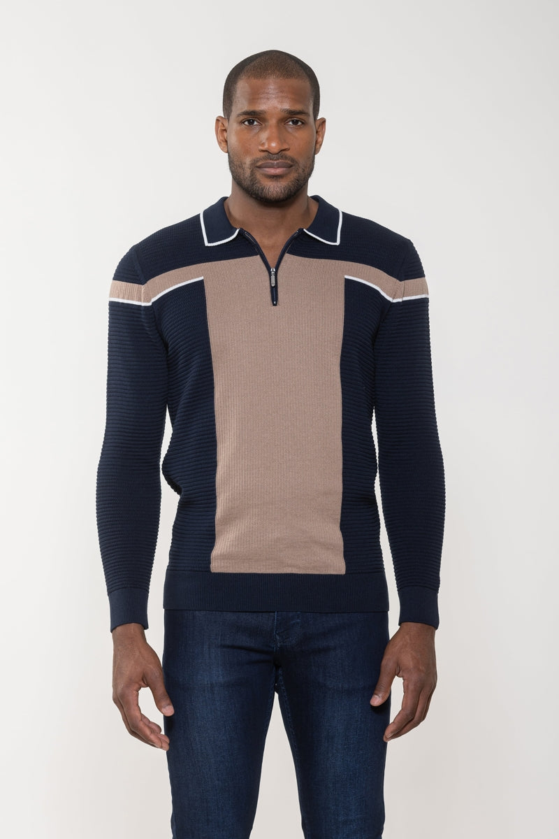 Wholesale,Luchiano Visconti, Luchiano Visconti Navy with Tan Colorblock Waffle Zip Polo, Blue, Small-38-TagSMedium-40-TagMLarge-42-TagLExtra Large-44-TagXLExtra Extra Large-45-TagXXL