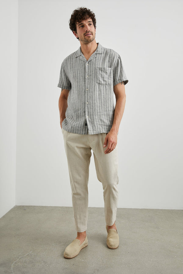 Rails Khaki Navy Stripe Short Sleeve Linen/Rayon Blend Shirt