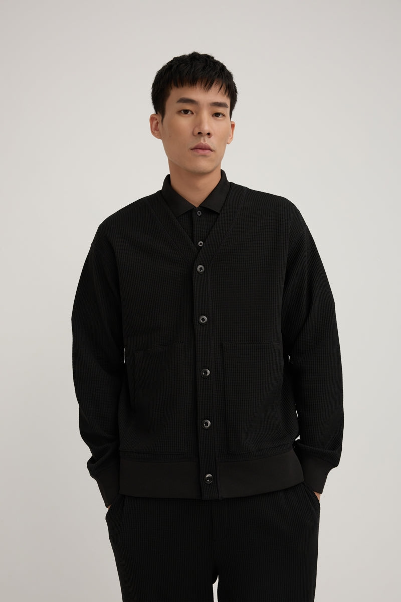 Direct From Brand,FYNE, FYNE Black Knit Waffle Weave Cardigan, Black, Medium-44-TagM