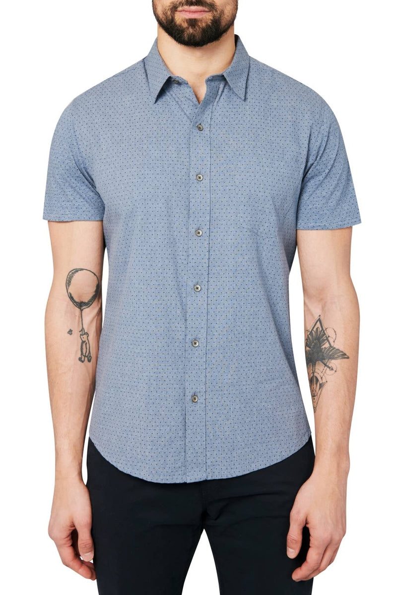 Faire,W.R.K, W.R.K Reworked Chambray Blue Dot Print Short Sleeve Shirt, Blue, Medium-42-TagM