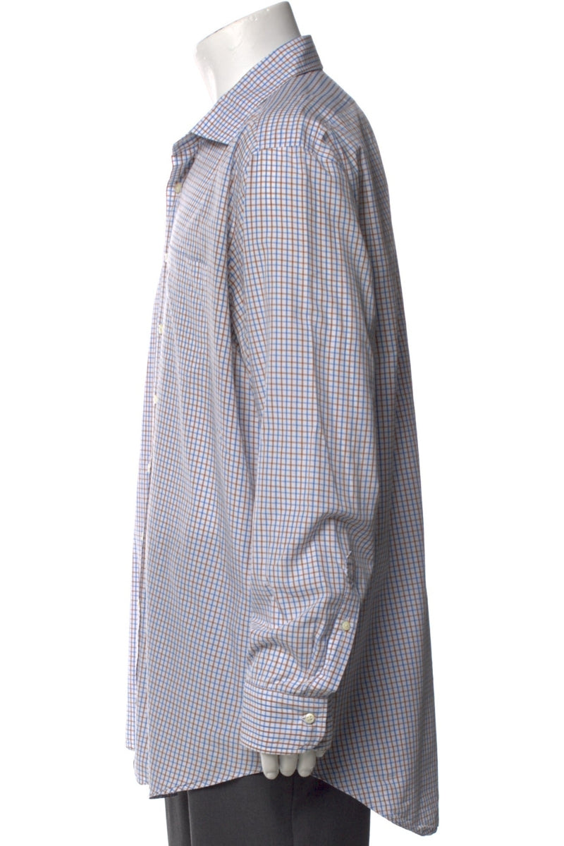 RealReal,Sid Mashburn, Sid Mashburn Blue/Tan Plaid Print Long Sleeve Dress Shirt, Blue, Extra Large-53-TagXL