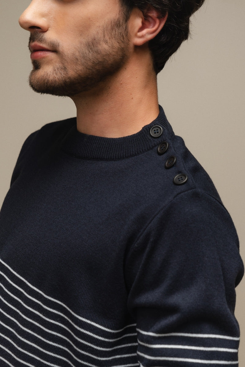 Faire,SMF, SMF Navy Striped Knit Sweater with Shoulder Button Detail, Blue, Small-40-TagM