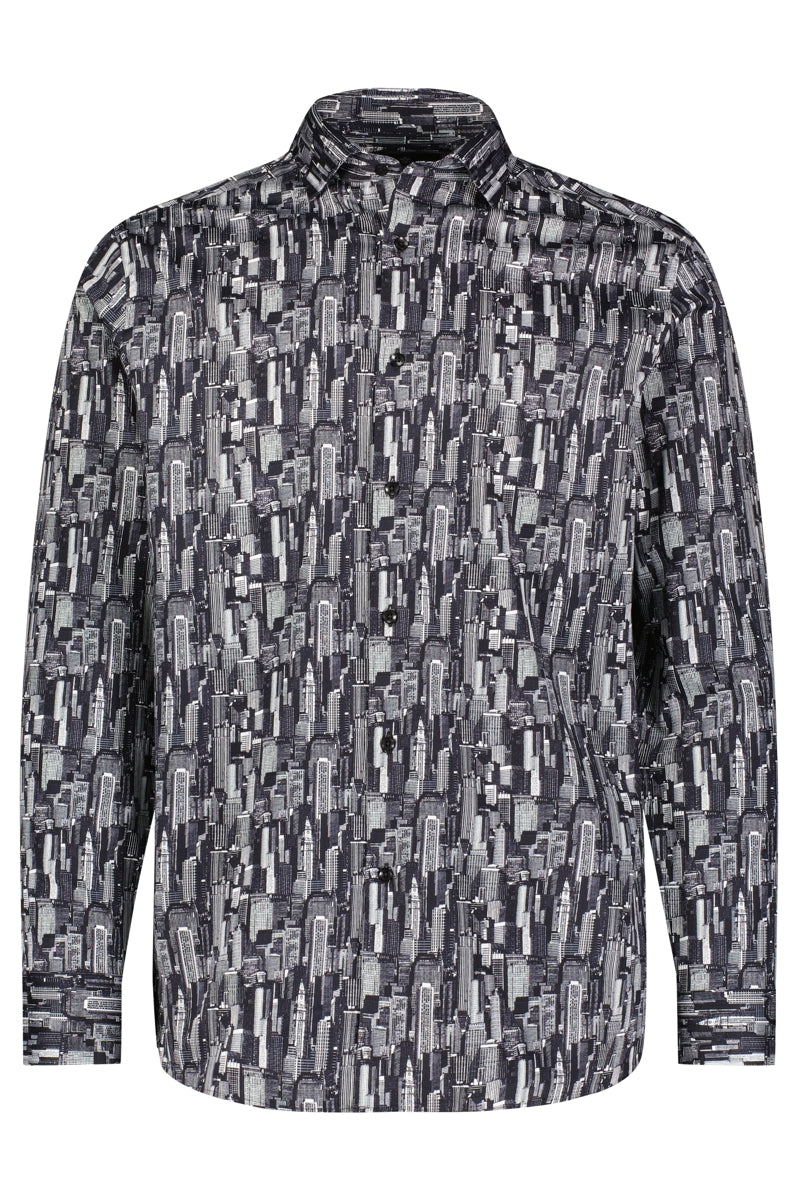 Wholesale,Luchiano Visconti, Luchiano Visconti Black City Scape Printed Shirt, Black, Extra Large-50-TagXL