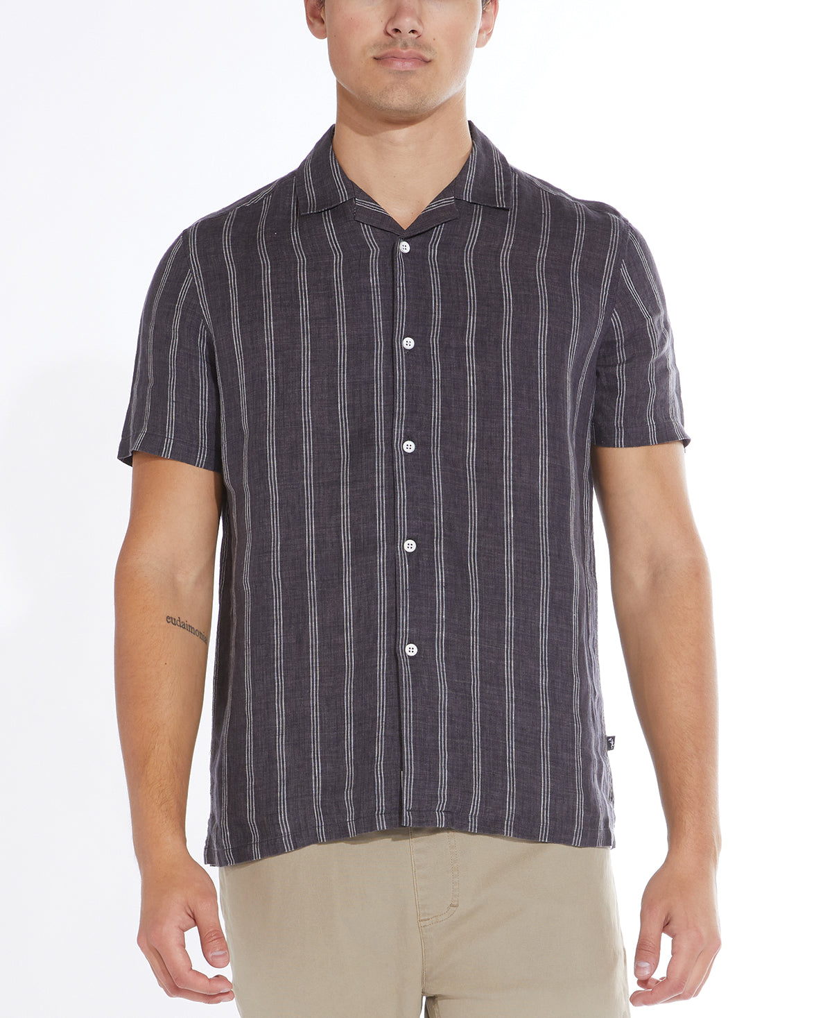 Wholesale,Civil Society, Civil Society Black Striped Cotton/Linen Blend Short Sleeve Resort Shirt, Black, Medium-44-TagM