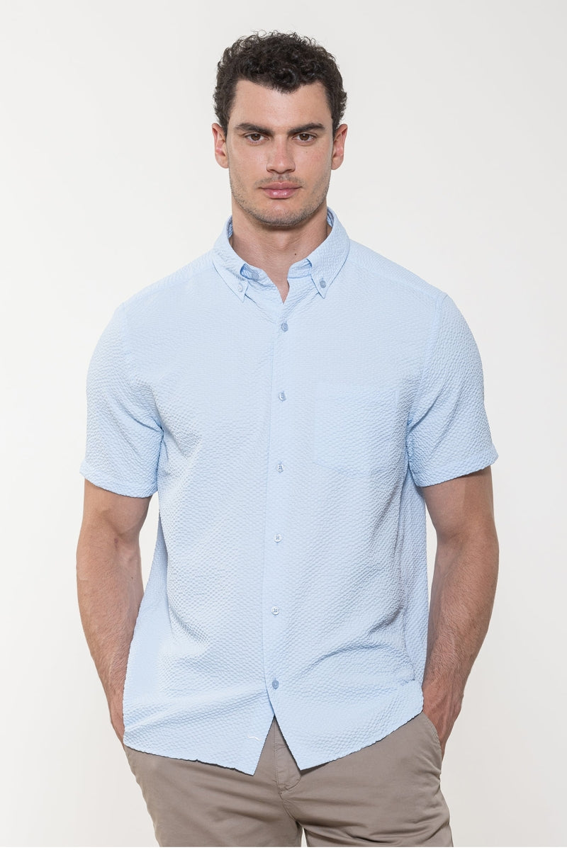 American Heritage Sky Blue Seer Sucker Stretch Short Sleeve Shirt