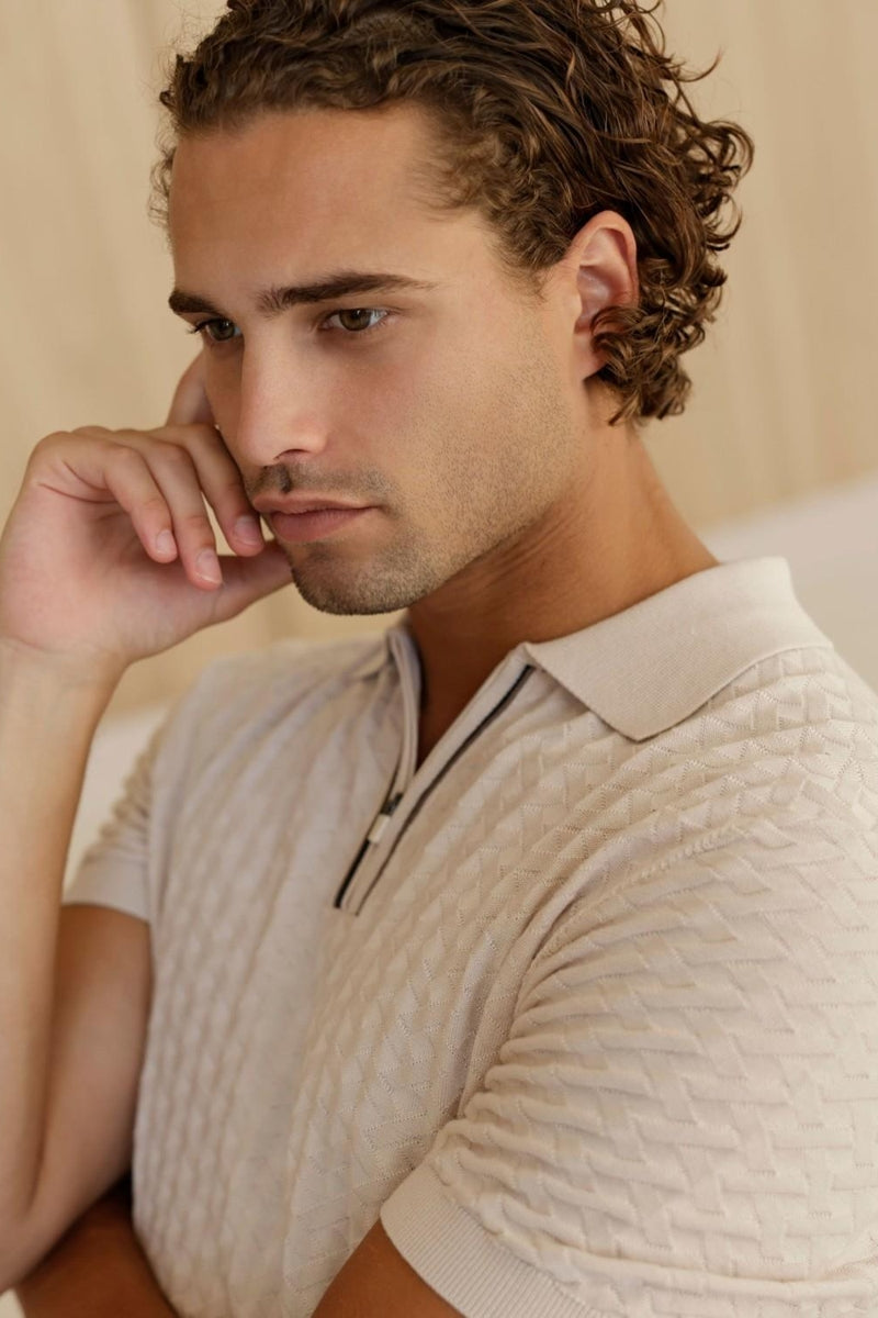 Direct From Brand,R2 Amsterdam, R2 Amsterdam Beige Zipper Closure Textured Polo, Cream, Medium-40-TagM