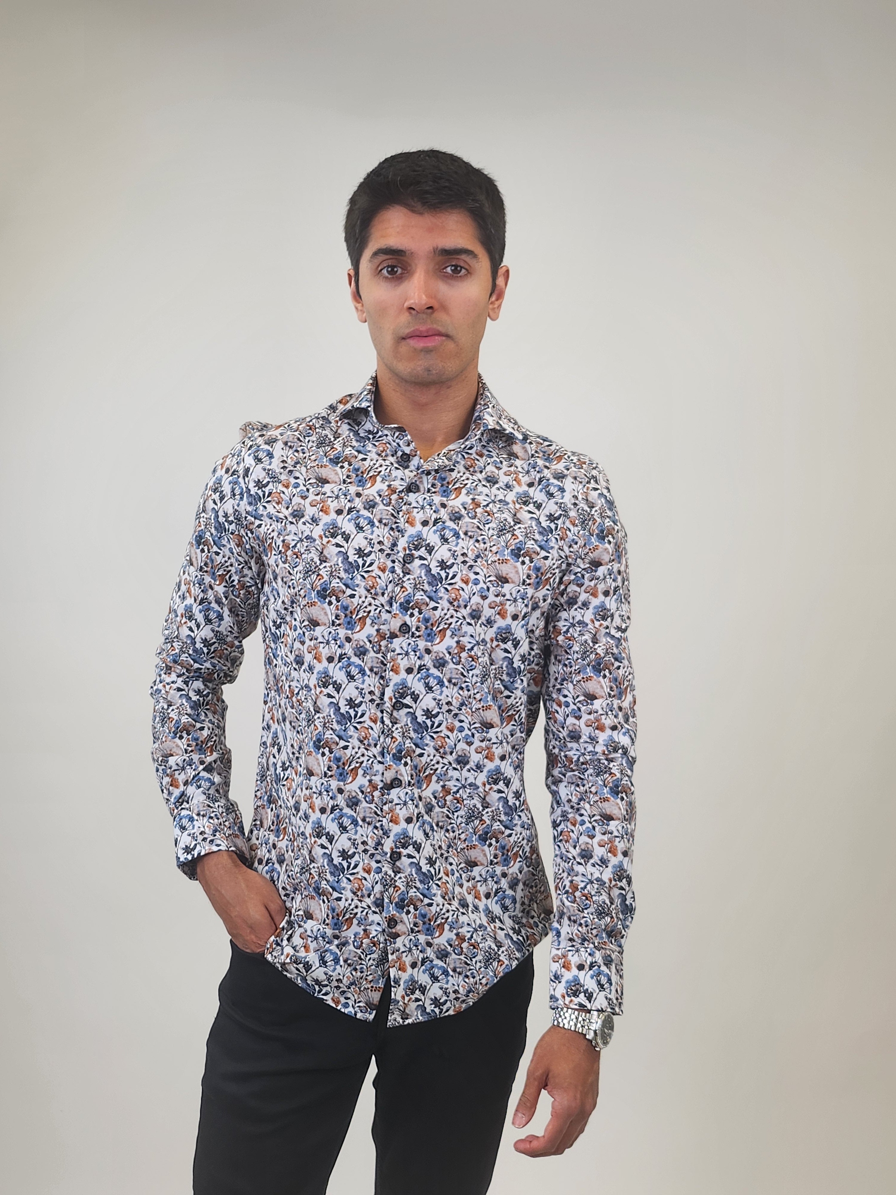 Brand Partner,R2 Amsterdam, R2 Amsterdam White/Blue Floral Watercolor Paint Cotton Shirt, White, Small-41-Tag39