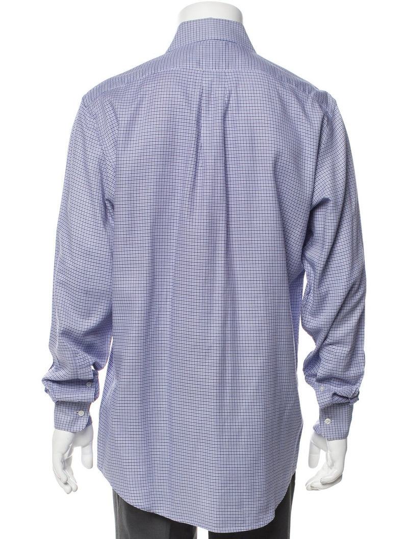 Bergdorf Goodman Blue Plaid Print Long Sleeve Dress Shirt with One-Button Rounded Cuffs