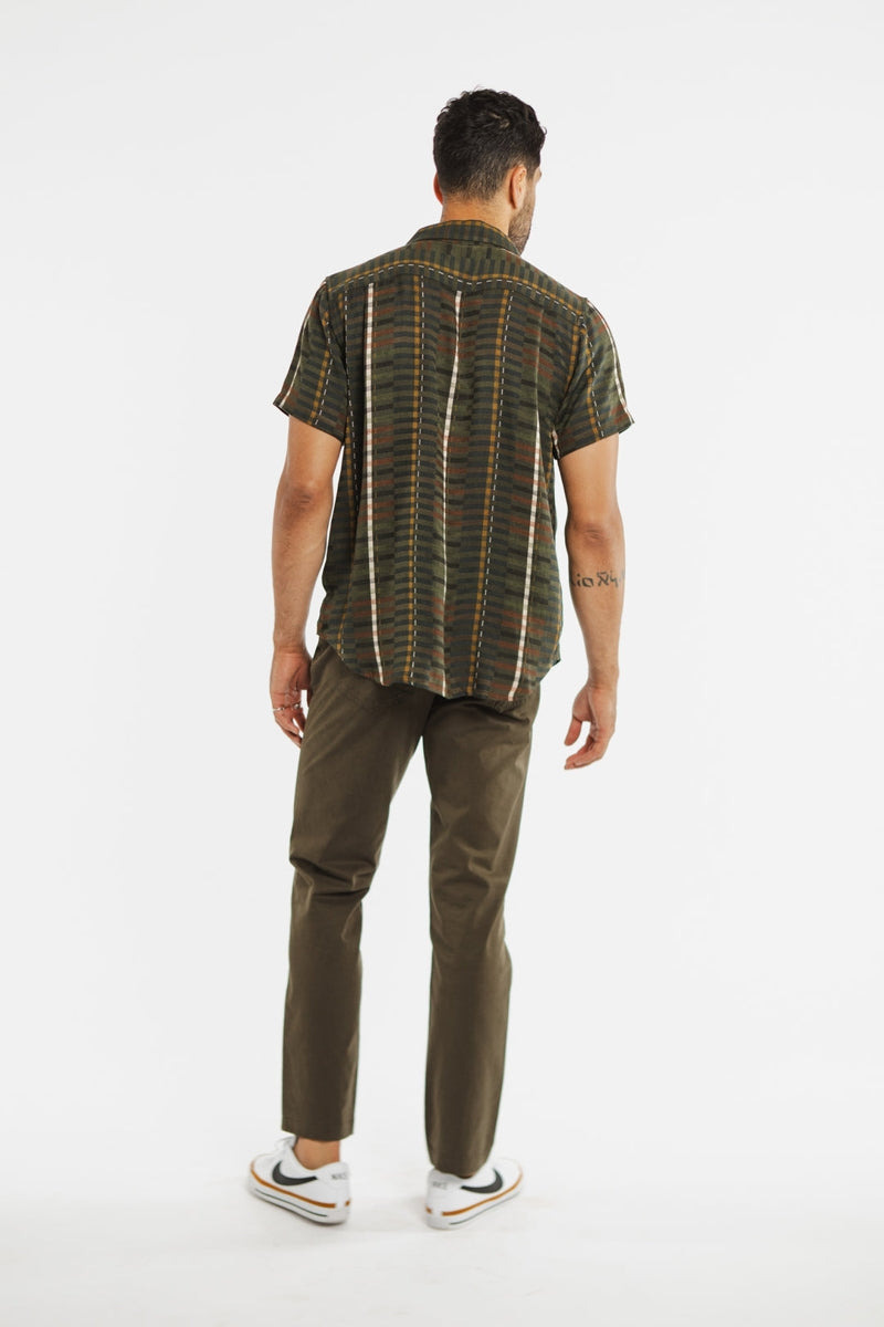 Faire,Bridge & Burn, Bridge & Burn Olive Multi Stripe Shirt, Green, Small-39-TagSMedium-42-TagMLarge-45-TagLExtra Large-48-TagXLExtra Extra Large-50-TagXXL