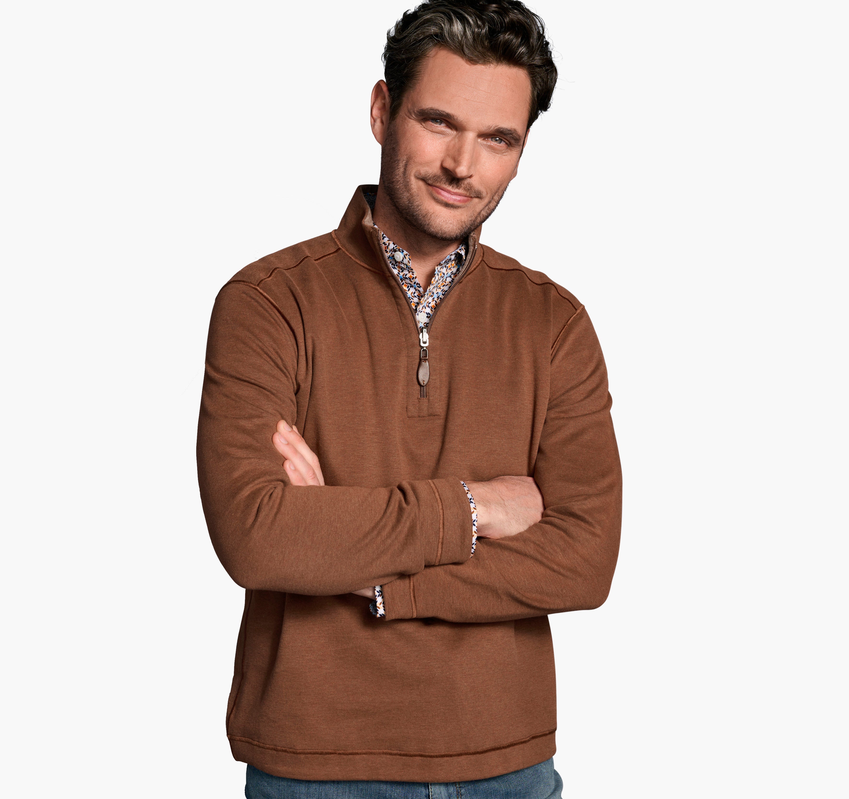 Wholesale,Johnston & Murphy, Johnston & Murphy Rust/Oatmeal Reversible Quarter Zip, Brown, Extra Extra Large-55-TagXXL