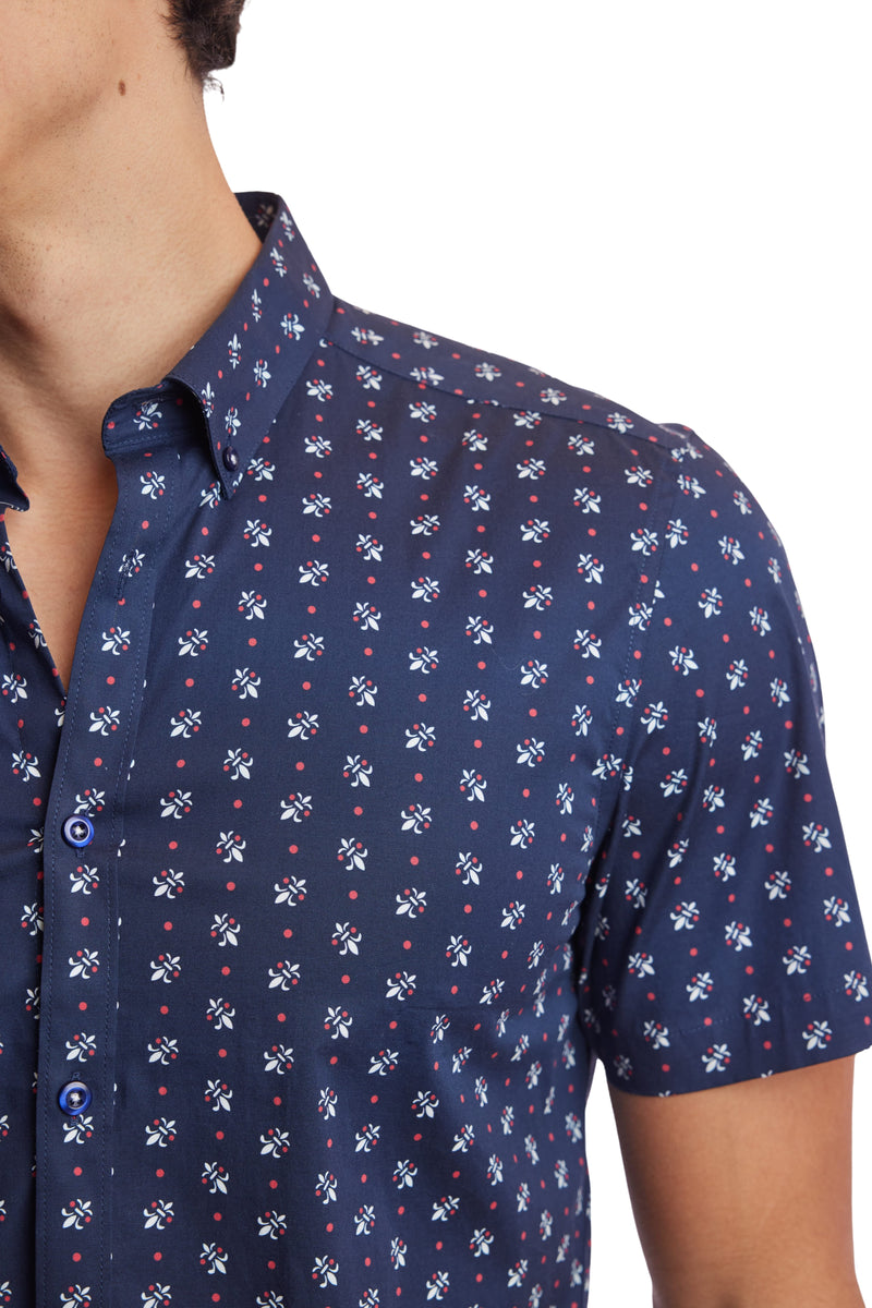 Paisley & Gray Navy Fleur De Lis Print Short Sleeve Shirt