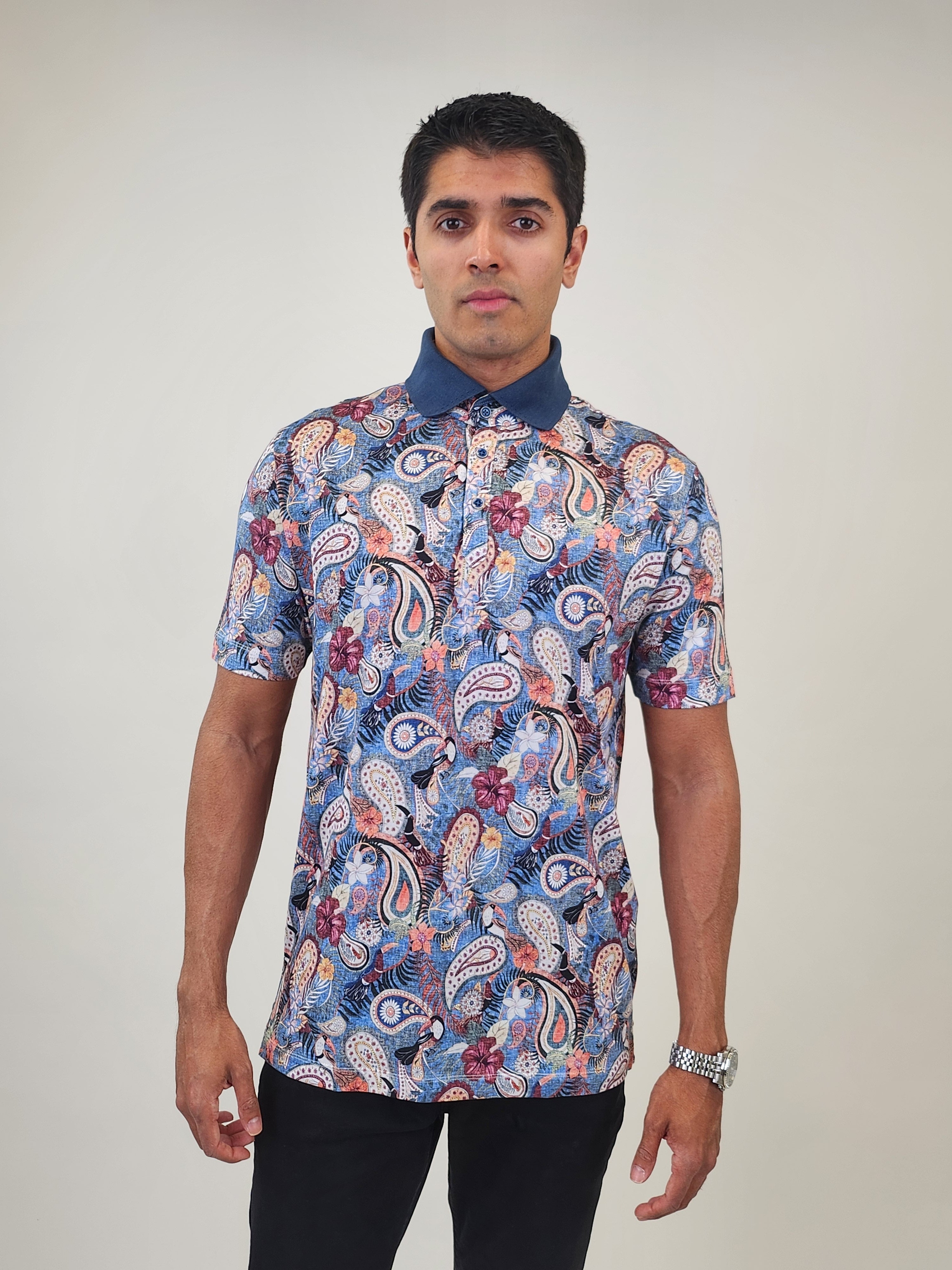Brand Partner,R2 Amsterdam, R2 Amsterdam Blue Paisley Print Short Sleeve Polo, Blue, Large-42-TagL