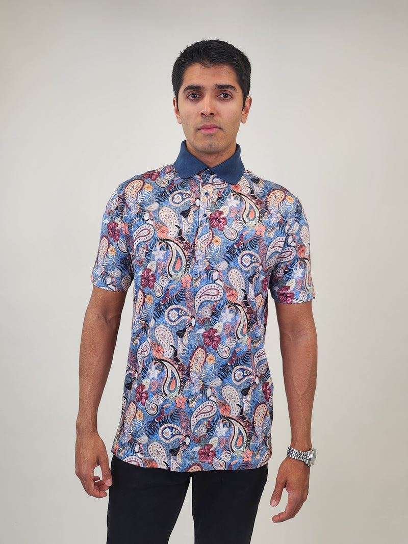 R2 Amsterdam Blue Paisley Print Short Sleeve Polo –