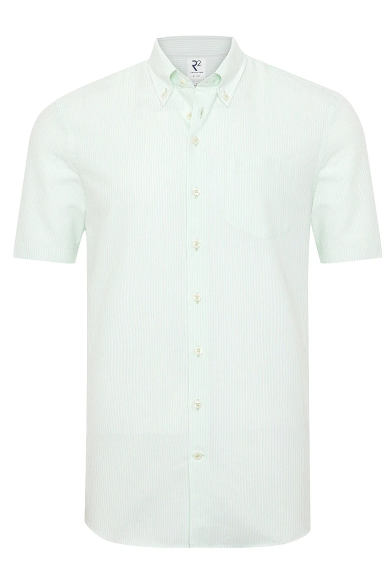 Direct From Brand,R2 Amsterdam, R2 Amsterdam Light Green/White Striped Poplin Shirt, Green, Large-46-Tag42
