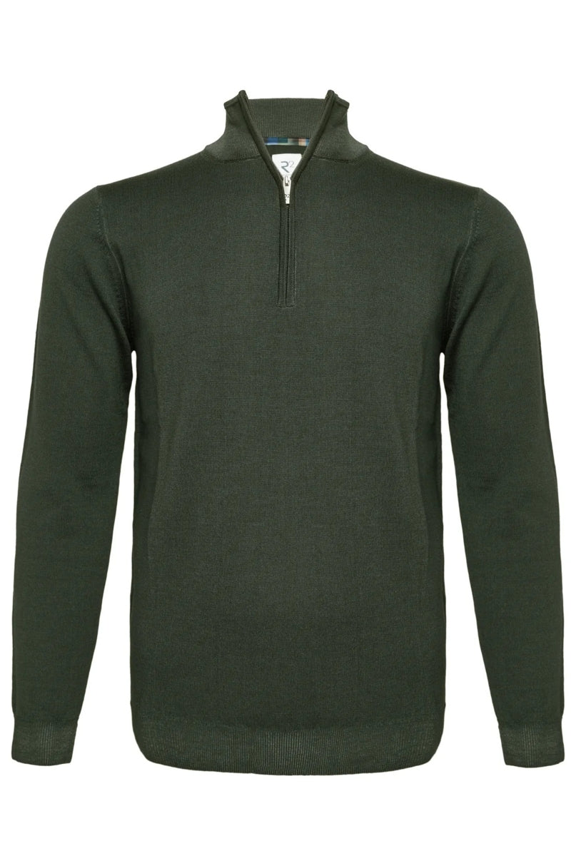 Direct From Brand,R2 Amsterdam, R2 Amsterdam Dark Green 100% Merino Wool Zip Pullover, Green, Medium-41-TagM
