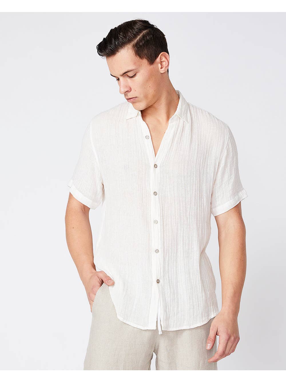 Faire,Merlino Street, Merlino Street Cream Linen Short Sleeve Button Up Shirt, Cream, Medium-43-TagM