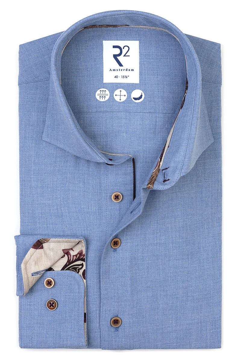 Direct From Brand,R2 Amsterdam, R2 Amsterdam Blue Brushed Flannel Cotton Shirt, Blue, Medium-43-Tag40