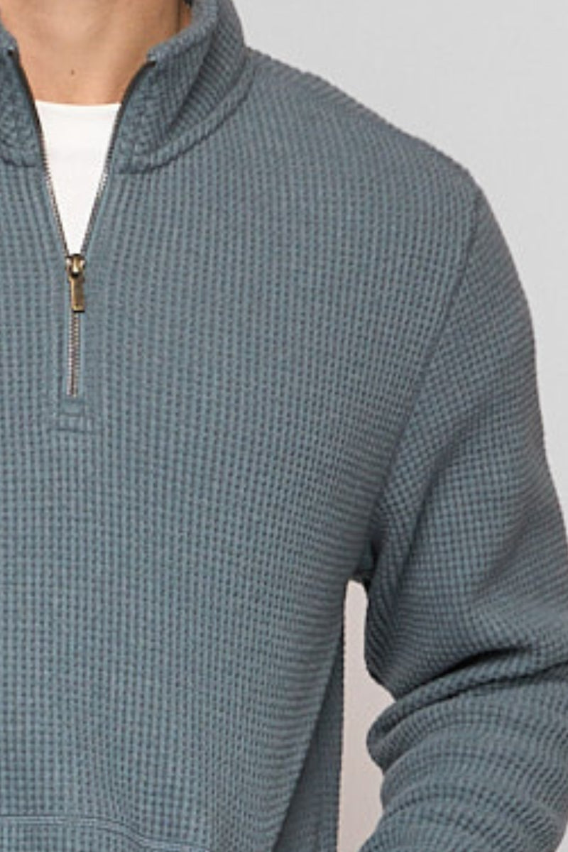 Wholesale,Fundamental Coast, Fundamental Coast Dusty Blue Waffle Textured Qtr Zip, Blue, Large-46-TagL