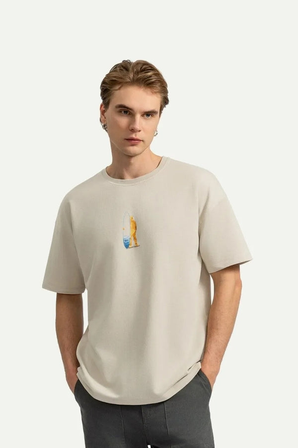KAFT Beige Surfboard Design Print T-Shirt