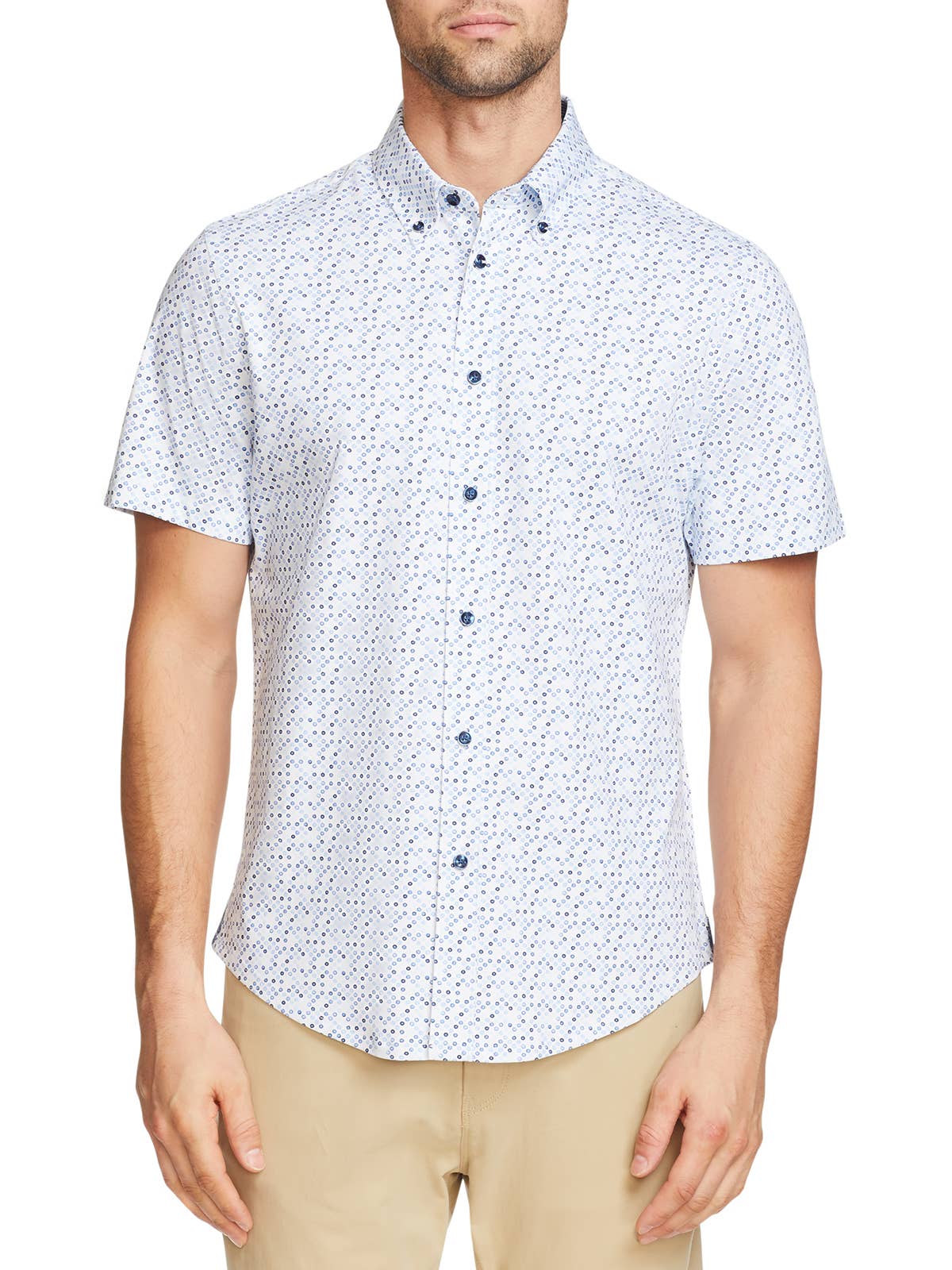 Faire,Brooklyn Brigade, Brooklyn Brigade White/Blue Geo Print Knit Short Sleeve Shirt, White, Medium-42-TagM