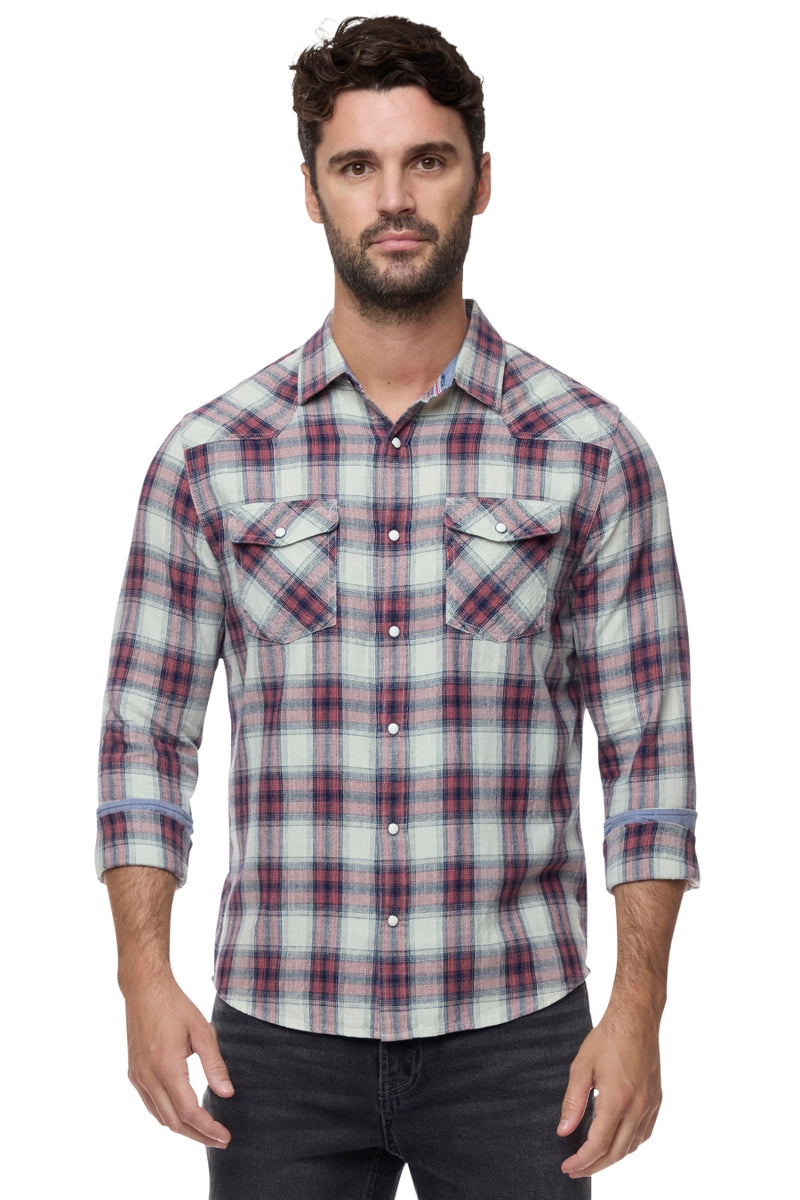 Wholesale,Flag & Anthem, Flag & Anthem Red/White/Navy Plaid Vintage Washed Shirt, Red, Medium-42-TagM