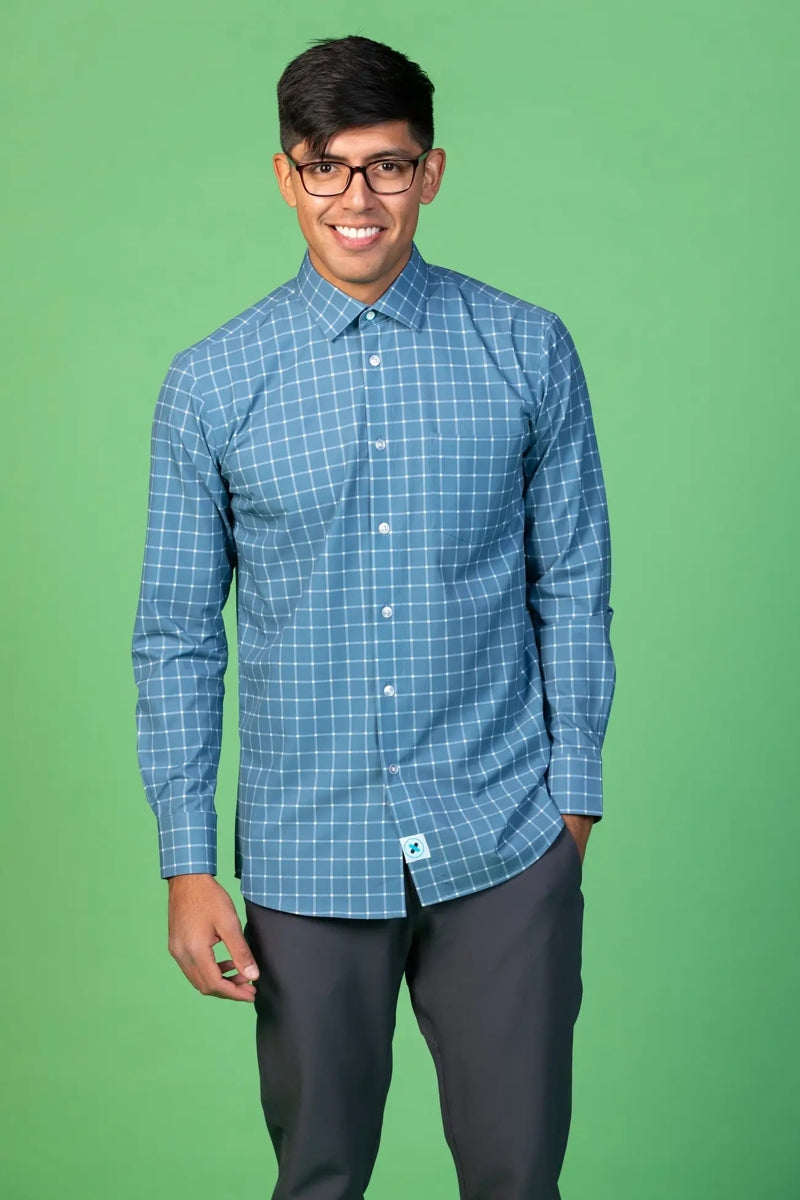 Faire,&Collar, &Collar Blue With White Plaid  Slim Fit Button Up Shirt, Blue, Small-40-TagM