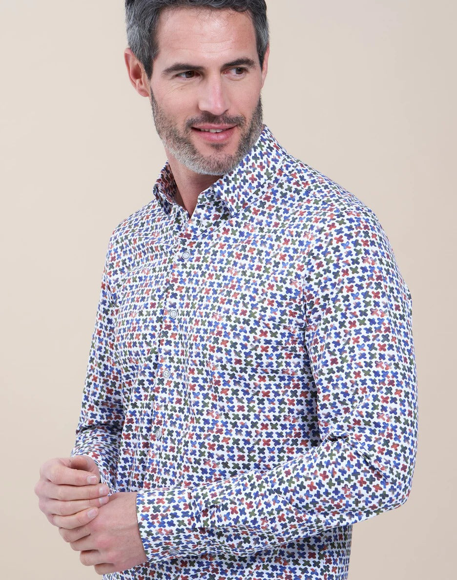 Brand Partner,R2 Amsterdam, R2 Amsterdam White With Criss Cross Print Long Sleeve Button Up Shirt, White, Extra Extra Large-52-Tag45