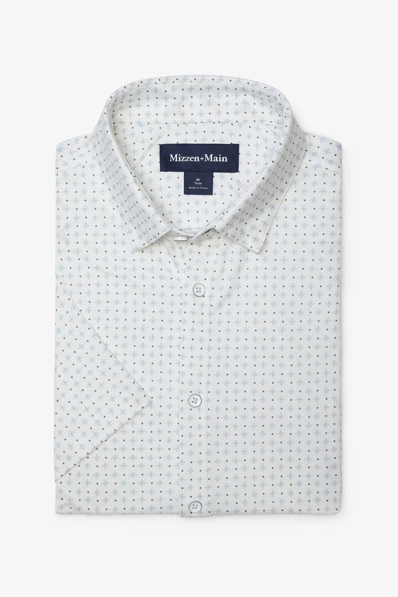Wholesale,Mizzen + Main, Mizzen + Main White with Pale Green Pyramid Trim No Tuck Four-way Stretch Shirt, White, Medium-43-TagM